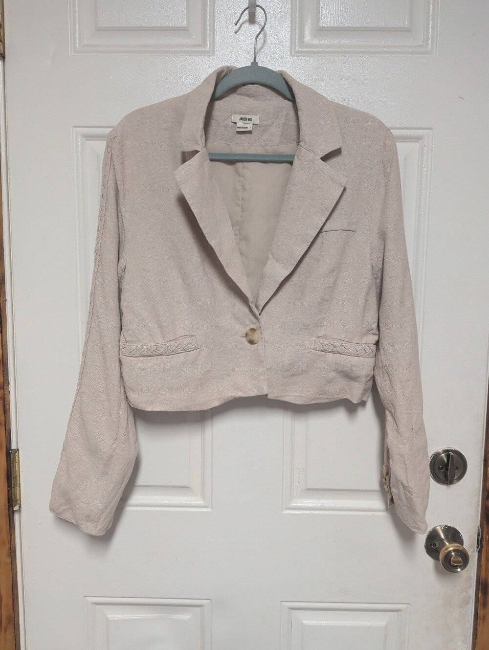 Jason Wu Cropped Blazer Woman's Sz Large Linen Blend Braided Detail Designer